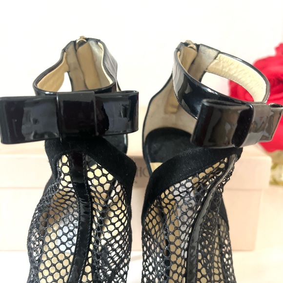 Jimmy Choo “Callie” patent leather fishnet stiletto booties with bows 37 (US 7) - Picture 7 of 10